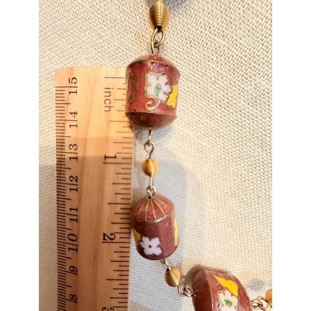 Vintage 30” Brown Cloisonné Barrel Bead Necklace